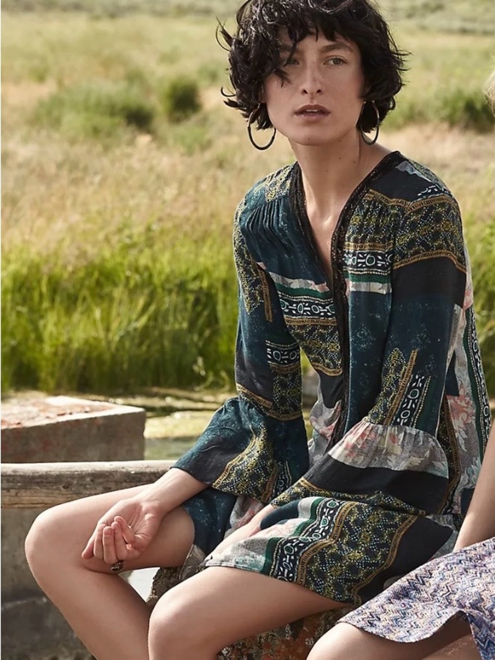 Anthropologie Maeve Patchwork Lace Trim Peasant Mini Dress Tunic Green Size XS